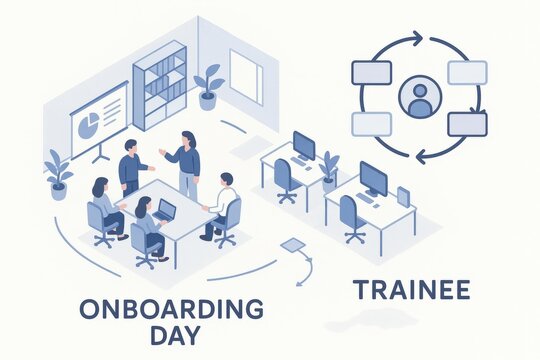 Comprehensive onboarding process illustrated with a collaborative team engaging in training discussions and workflow visualizations highlighting efficiency and integration in a modern workplace