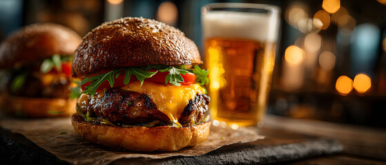 Hamburger and light beer on a pub background. Pair of ground beef patty sandwich with pale brew at tavern setting eatery backdrop refreshment indulgence gastronomy beverage