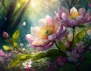 Vibrant Flower Bouquet With Blossoms and Butterflies in Dreamy Garden Light. Generative AI