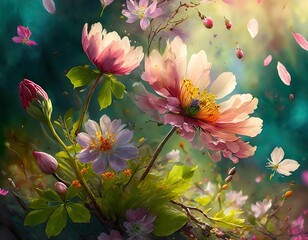 Vibrant Flower Bouquet With Blossoms and Butterflies in Dreamy Garden Light. Generative AI