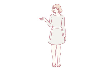 woman presenting product with open palm and guiding gesture, poised stance in bright studio with friendly expression, suggests sales or customer service role for retail and tutorial content, adaptable