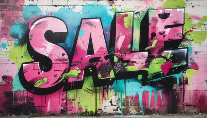 Fototapeta premium Exciting sale announcement in vibrant graffiti style on brick wall, ideal for retail marketing and promotional campaigns, eye catching colors and urban vibe