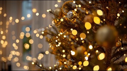 Soft focus close up of a charmingly adorned christmas tree adorned with twinkling golden fairy lights and glistening decorations, setting a cozy and enchanting holiday mood in a welcoming home - Powered by Adobe