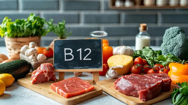 group of products that contain vitamin B12. Selective focus. food.