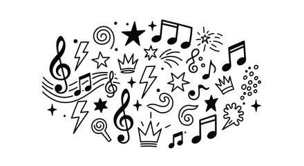 Obraz premium Whimsical musical doodle art with notes, crowns, stars, and lightning bolts illustration.