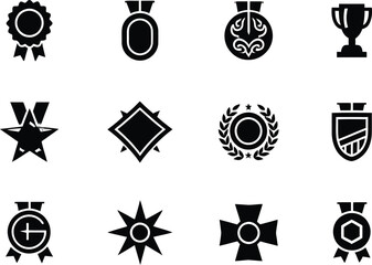 Collection of twelve distinct black and white award icons in a structured arrangement format design