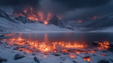 Fiery snow-capped mountains reflect on frozen lake