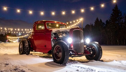 American classic hot rod with chrstmas decoration with garlands lights on winter snow foggy frosty night background