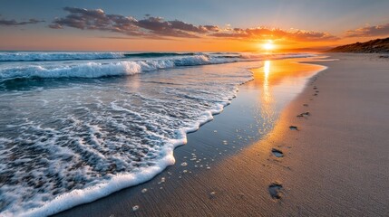 Ocean waves washing footprints on sandy beach at sunset