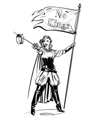A musketeer style freedom fighter is waving a flag with 'no kings' on it, she extends her rapier holding up a king's crown with it. Hand drawn cartoon. 