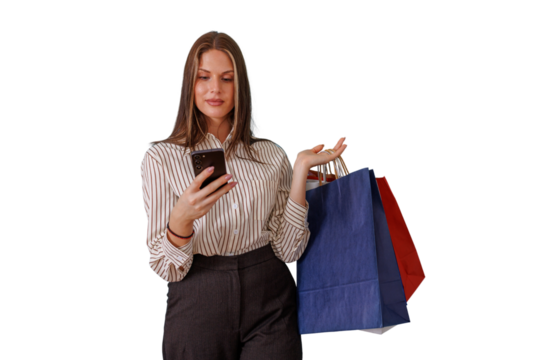 Woman online shopping with smartphone and colorful shopping bags, browsing e-commerce application, retail consumerism