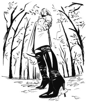 Pen drawing of a woman in high boots and a trench coat a park in autumn, she stands towering over the viewer. The stiletto heel of her fashion boot is piercing a leaf. 