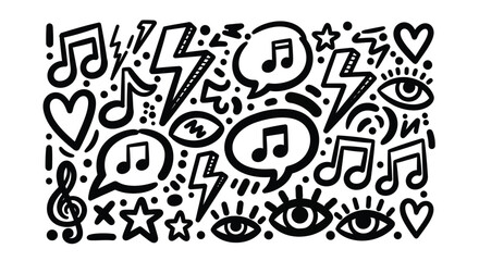 Hand-Drawn Music Doodle Vector Elements for Design: Notes, Hearts, and Lightning Bolts