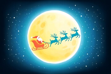 Fototapeta premium Santa claus flying sleigh with reindeer across full moon