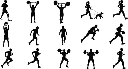 Big set of athlete silhouettes including runners weightlifters basketball players and paralympic runner, cad drawing flat vector illustration