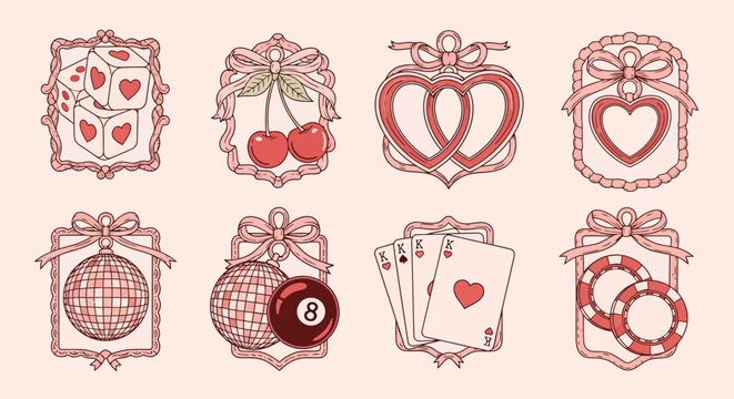 Vintage Lucky Charms Vector Illustration Set with Dice, Cherries, Hearts, and Playing Cards
