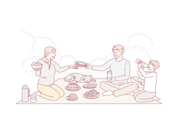 Happy family with child and dog sit on blanket in park enjoy weekend picnic together. Smiling parents relax with kid and pet eat out on leisure vacation summer time. Relaxation. Vector illustration.