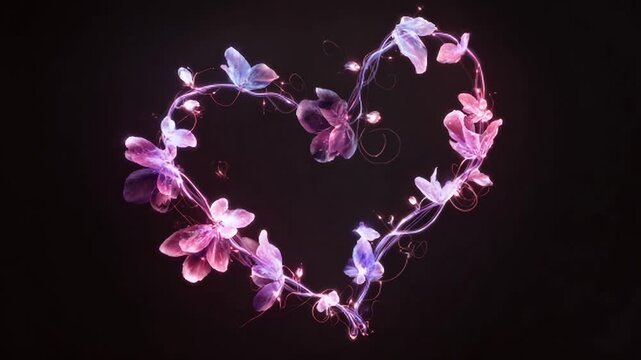 Ethereal heart shape formed by glowing flowers and butterflies against a dark background