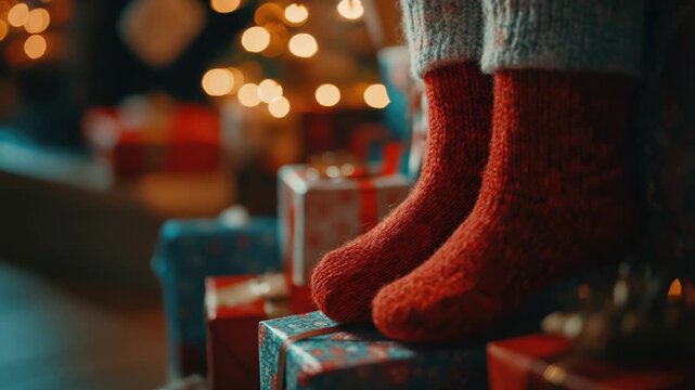 Video A pair of red socks on top of gifts, perfect for a festive atmosphere