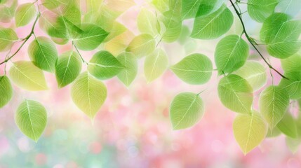 Naklejka premium Delicate green leaves hang gracefully catching the soft light. The blurred background adds a dreamy quality suggesting a peaceful garden scene during a sunny day.