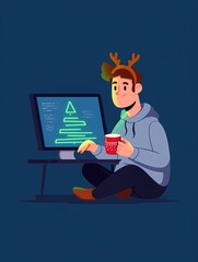 Programmer or developer working on a computer and coding a christmas tree. Man in reindeer antlers and hoodie drinking cocoa during festive holiday season. Freelance work.