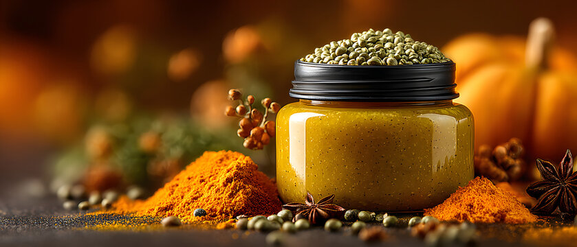 Vibrant photo of pumpkin hemp seed butter jar mockup. Vivid image gourd cannabis kernel spread container display simulated product packaging concept nourishment theme brilliant