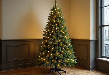Full view of lush green artificial Christmas tree decorated with warm yellow LED lights, black metal base, set in modern living room with dark wainscoting, cream wall, and wooden floor background.