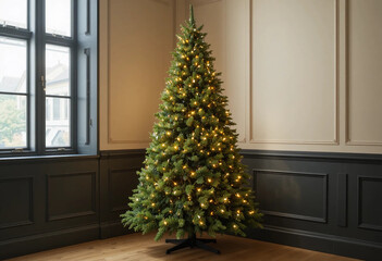 Full view of lush green artificial Christmas tree decorated with warm yellow LED lights, black metal base, set in modern living room with dark wainscoting, cream wall, and wooden floor background.