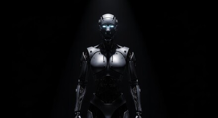 Naklejka premium Sleek Silver Humanoid Robot with Bright Blue Glowing Eyes, Symbolizing Advanced Artificial Intelligence and Future Technology