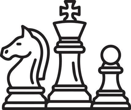 Chess knight king and pawn icons on white background