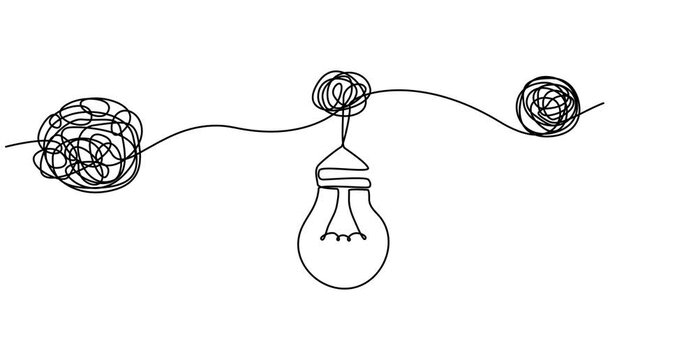 Animated One continuous line drawing of tangled and scribble wires with light bulbs. Concept of complex problem solving process and Clarifying idea in simple linear style. Editable stroke. Animated
