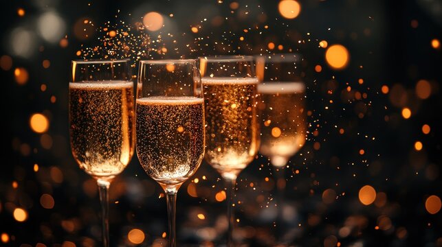 Four champagne flutes, sparkling, festive bokeh