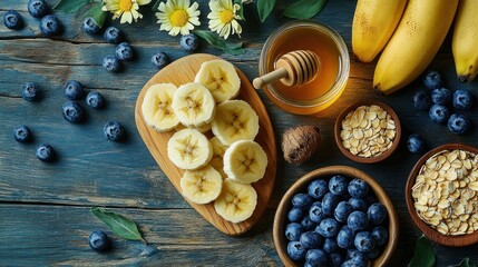 Fresh fruit, honey, and oats on rustic wood