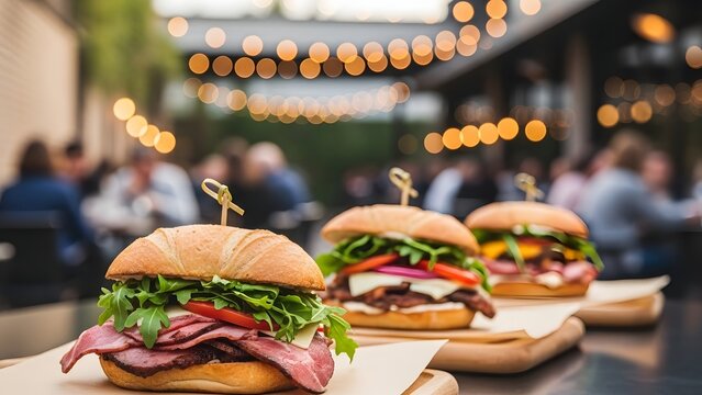 Three gourmet sandwiches on wooden boards with bokeh lights background food meal