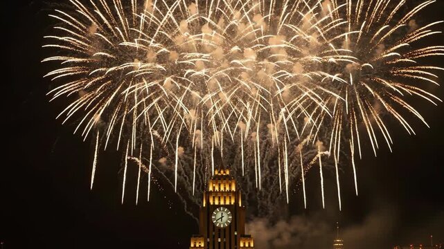 Dazzling fireworks illuminate iconic clock tower skyline at night festival celebration