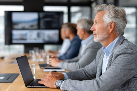 Businessmen sitting in a row attending an office conference