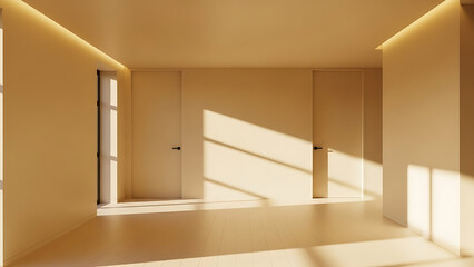 Minimalist Interior with Warm Lighting and Doors in a Spacious Room