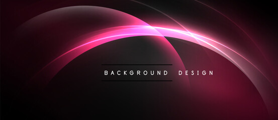 Dark abstract background features curved glowing lines. Pink hues dominate design, creating dynamic visual effect. Minimalist text present.