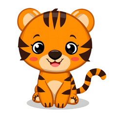 Cute Tiger Cub: A charming cartoon depiction of a playful tiger cub, with vibrant orange fur and endearing stripes, radiates a sense of joy and youthful energy.