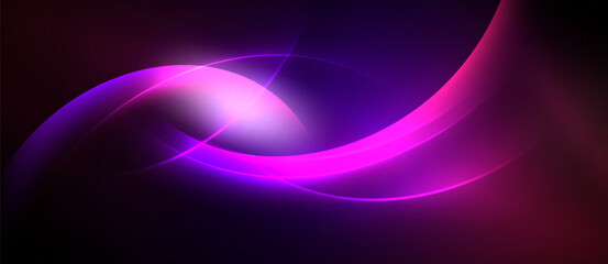 Abstract swirls, vibrant magenta, purple hues dominate. Light radiates from center, creating dynamic visual effect. Smooth gradients present.