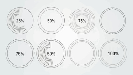 Circular progress indicators displaying different percentages from twenty five to one hundred