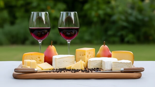 Two glasses of red wine with cheese and pears on a wooden board fruit - Powered by Adobe