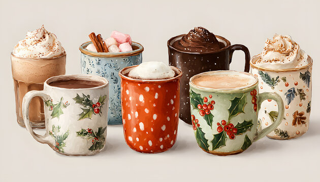 Christmas Hot Cocoa Mugs Watercolor. Festive winter beverage container art hand painted cozy holiday drinkware image warm chocolate cup graphic seasonal celebration element artistic
