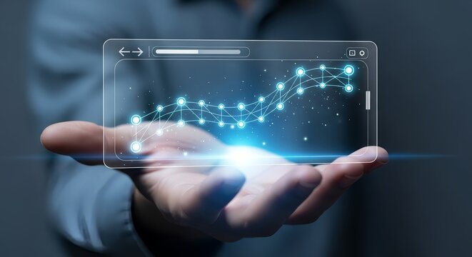 Analyze data trend on modern screen held in hand showing growth and opportunity