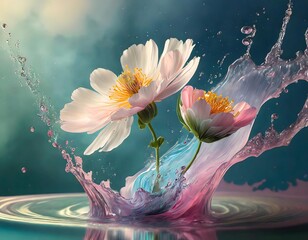 Colorful flowers splash into water, creating a vibrant scene under soft light enhancing their natural beauty . Generative AI