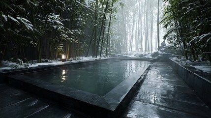 Tranquil winter onsen in a bamboo forest with snow falling gently around the steaming hot spring bath