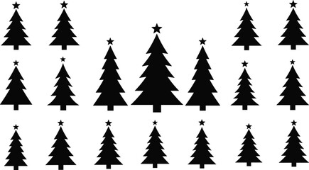 Christmas tree silhouettes set with stars, black vector fir and pine icons collection for winter holiday greeting card design.