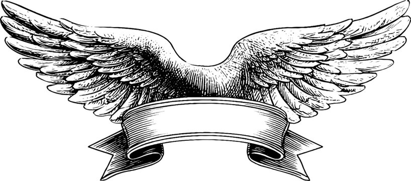 Intricate mechanical wing design with decorative banner for retro and steampunk themes