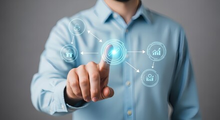 Business man uses digital touch to show modern workflow process and future growth
