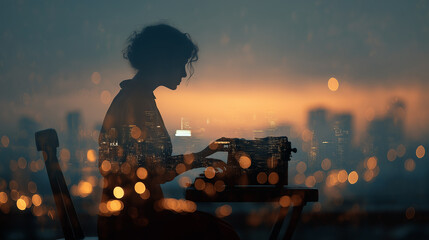 A silhouette of a woman typing on a vintage typewriter against a backdrop of a city skyline at sunset, illuminated by warm bokeh lights.